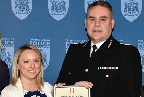 Vivienne Melia, Senior Vetting Adviser with Thames Valley Police receiving a commendation.